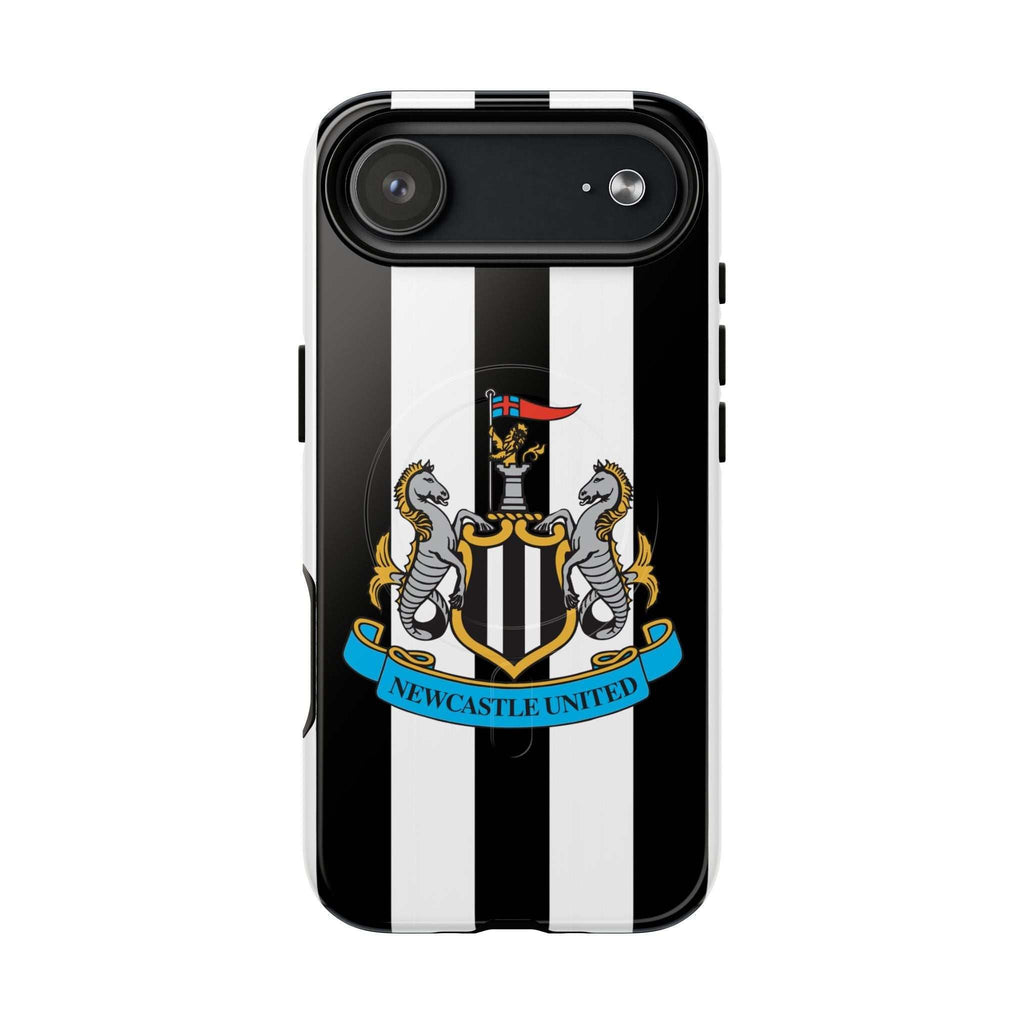 Newcastle United MagSafe iPhone case with black and white stripes and team crest, dual-layer protection, and MagSafe compatibility