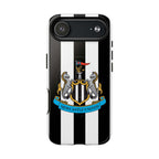 Newcastle United MagSafe iPhone case with black and white stripes and team crest, dual-layer protection, and MagSafe compatibility