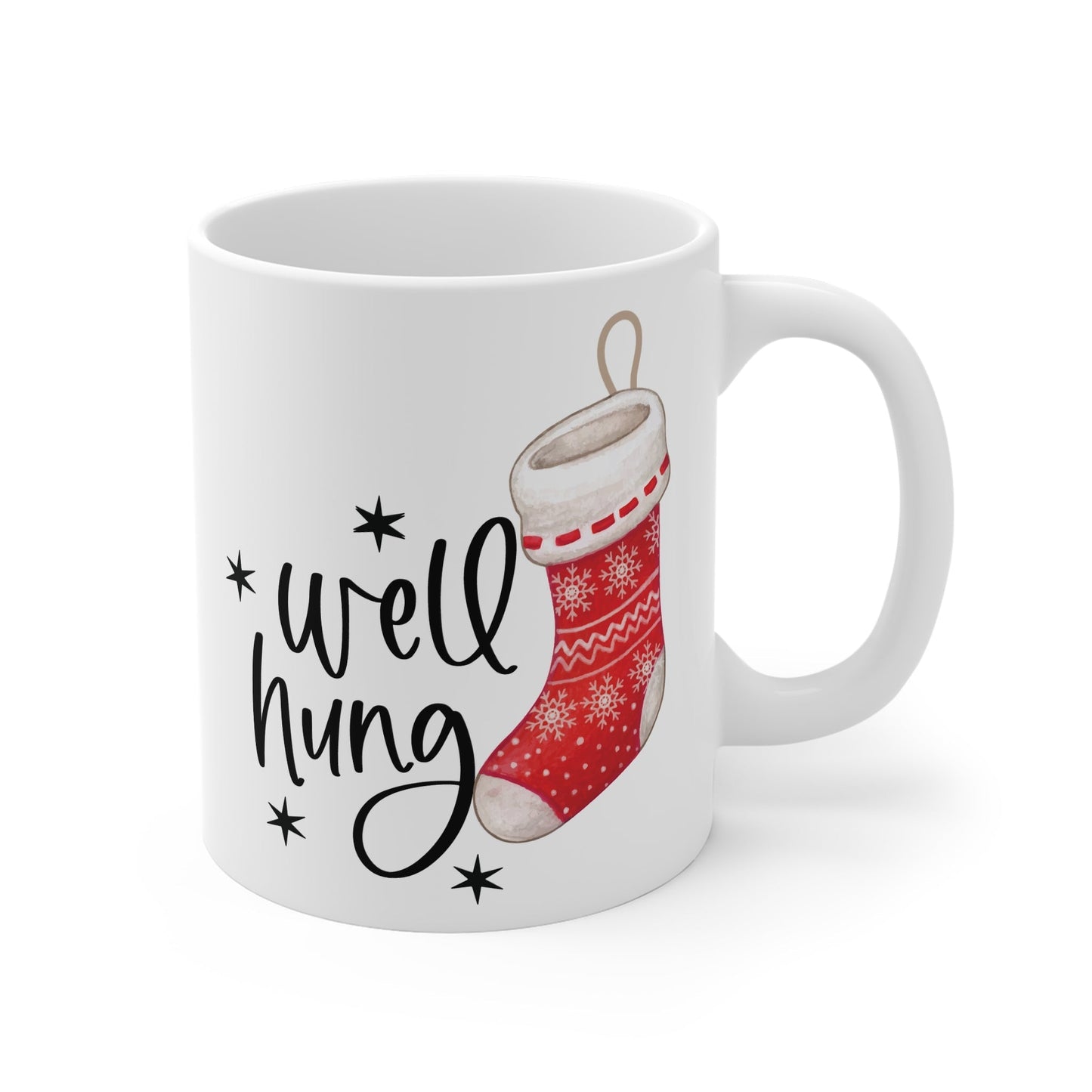 Cheeky Rude Christmas Mug with playful design, featuring "well hung" text and festive stocking graphic.