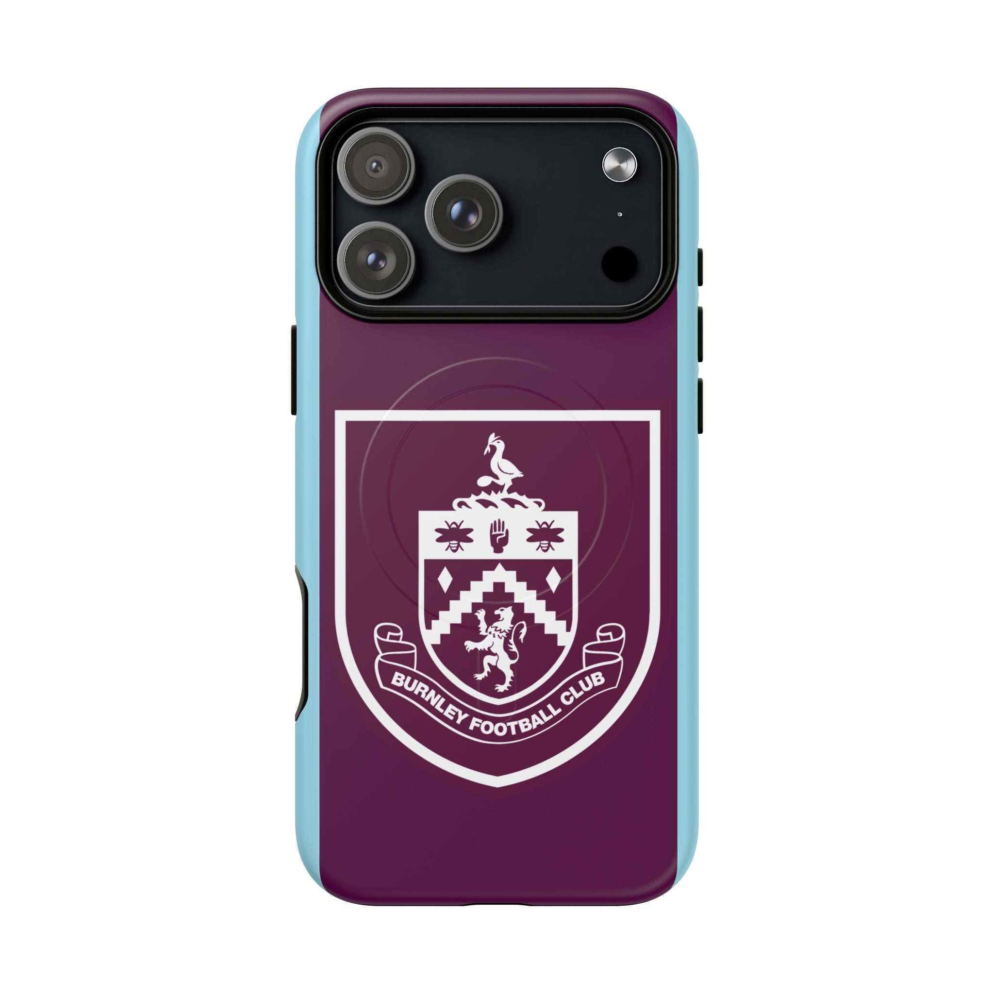 Burnley FC MagSafe iPhone case with claret blue colors and club crest, dual-layer protection, and MagSafe compatibility
