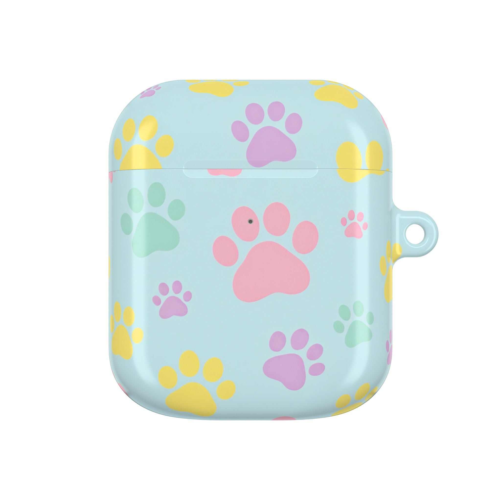 Pastel Doggy Paw AirPods case with colorful paw prints and glossy finish