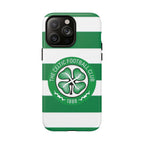 Celtic MagSafe iPhone case with green and white stripes and Celtic Football Club crest, dual-layer protection and MagSafe compatibility
