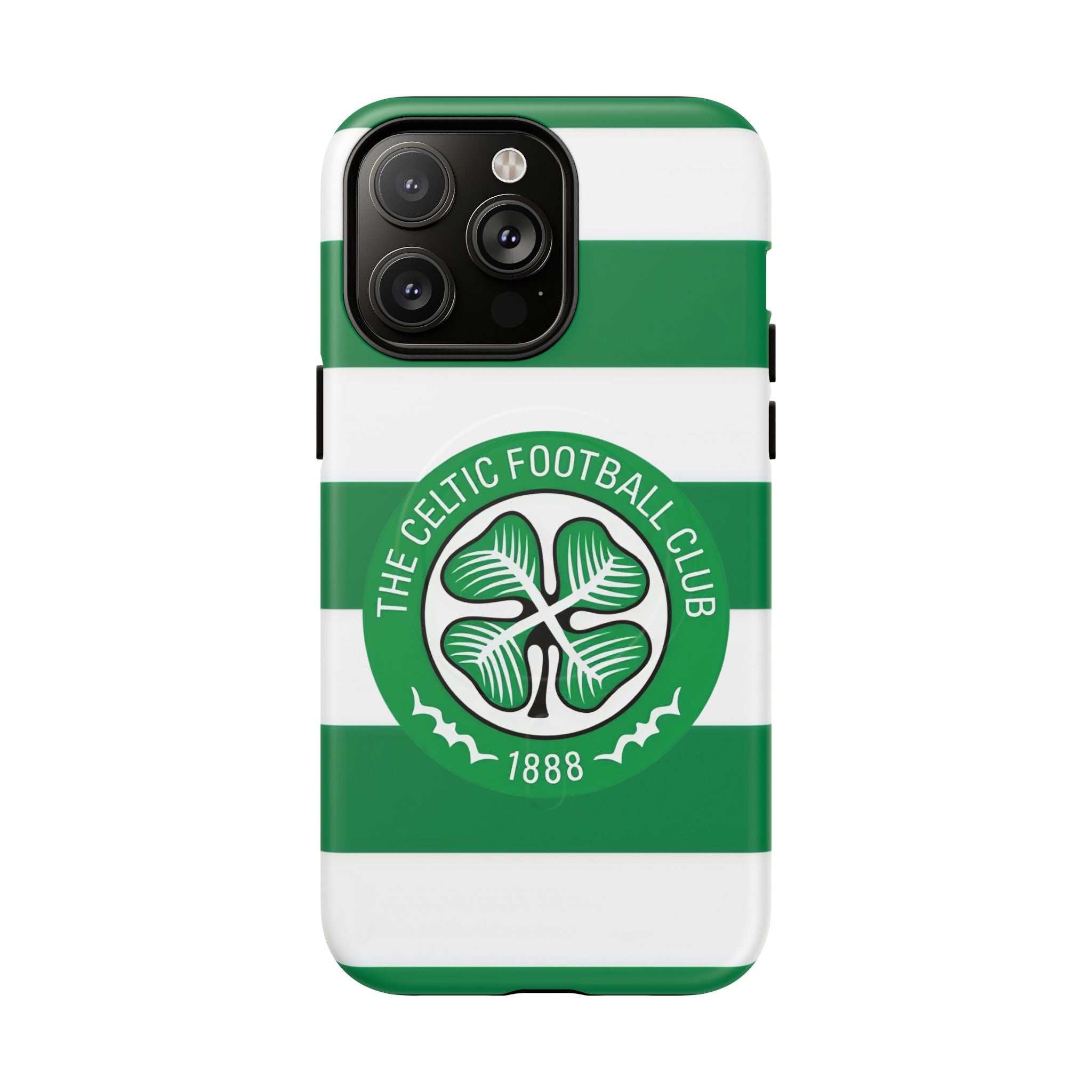 Celtic MagSafe iPhone case with green and white stripes and Celtic Football Club crest, dual-layer protection and MagSafe compatibility