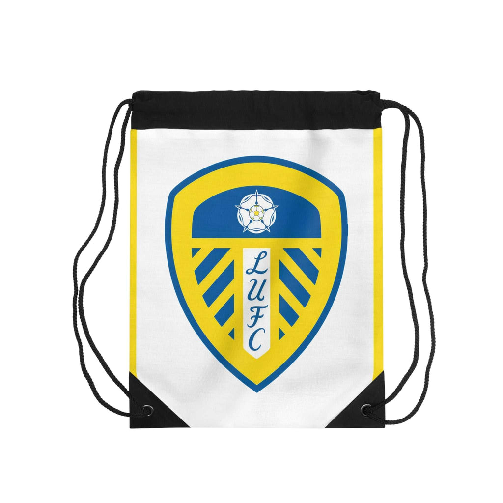 Leeds Utd drawstring bag in white and blue with club crest, lightweight polyester, durable and spacious for gym or everyday use