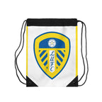 Leeds Utd drawstring bag in white and blue with club crest, lightweight polyester, durable and spacious for gym or everyday use