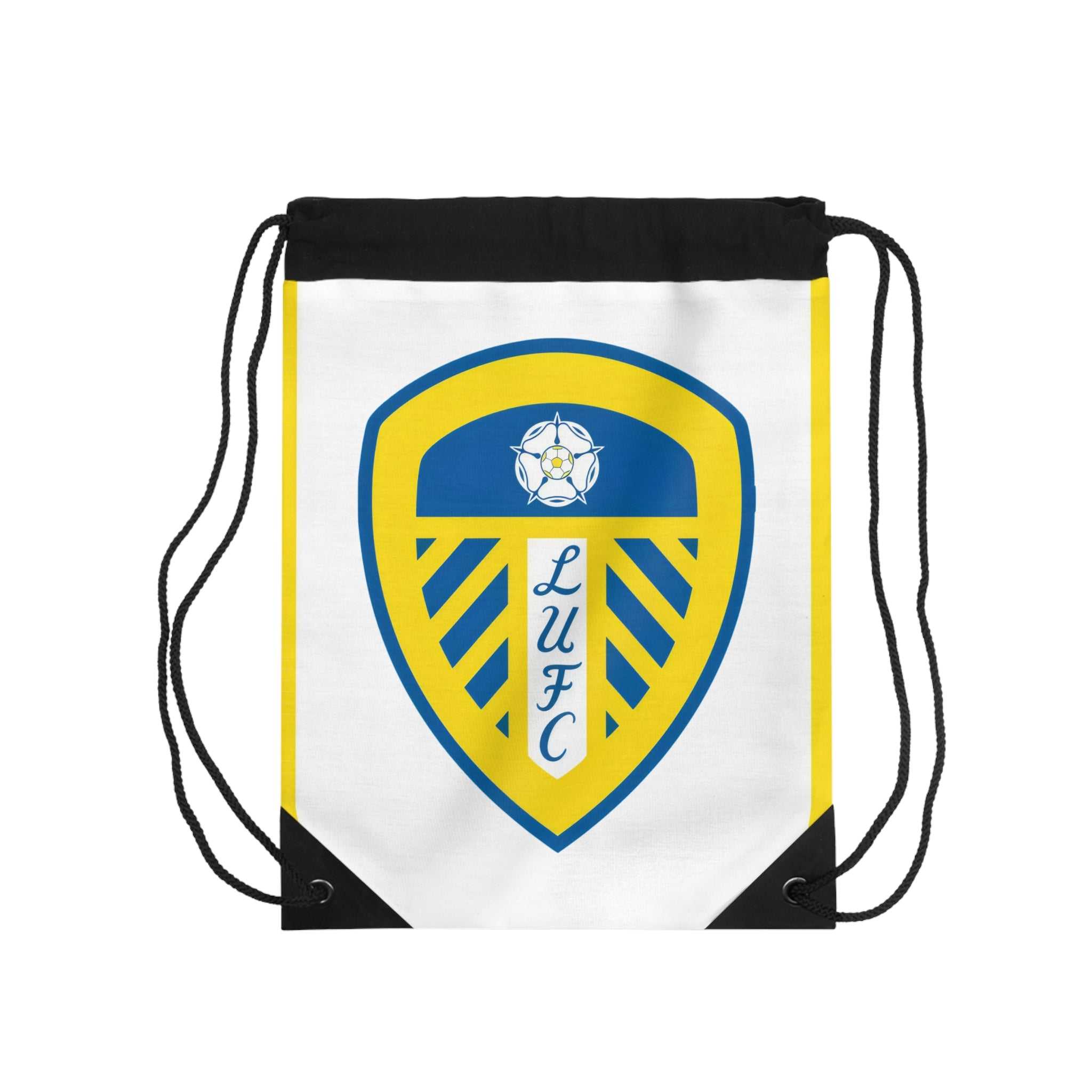 Leeds Utd drawstring bag in white and blue with club crest, lightweight polyester, durable and spacious for gym or everyday use