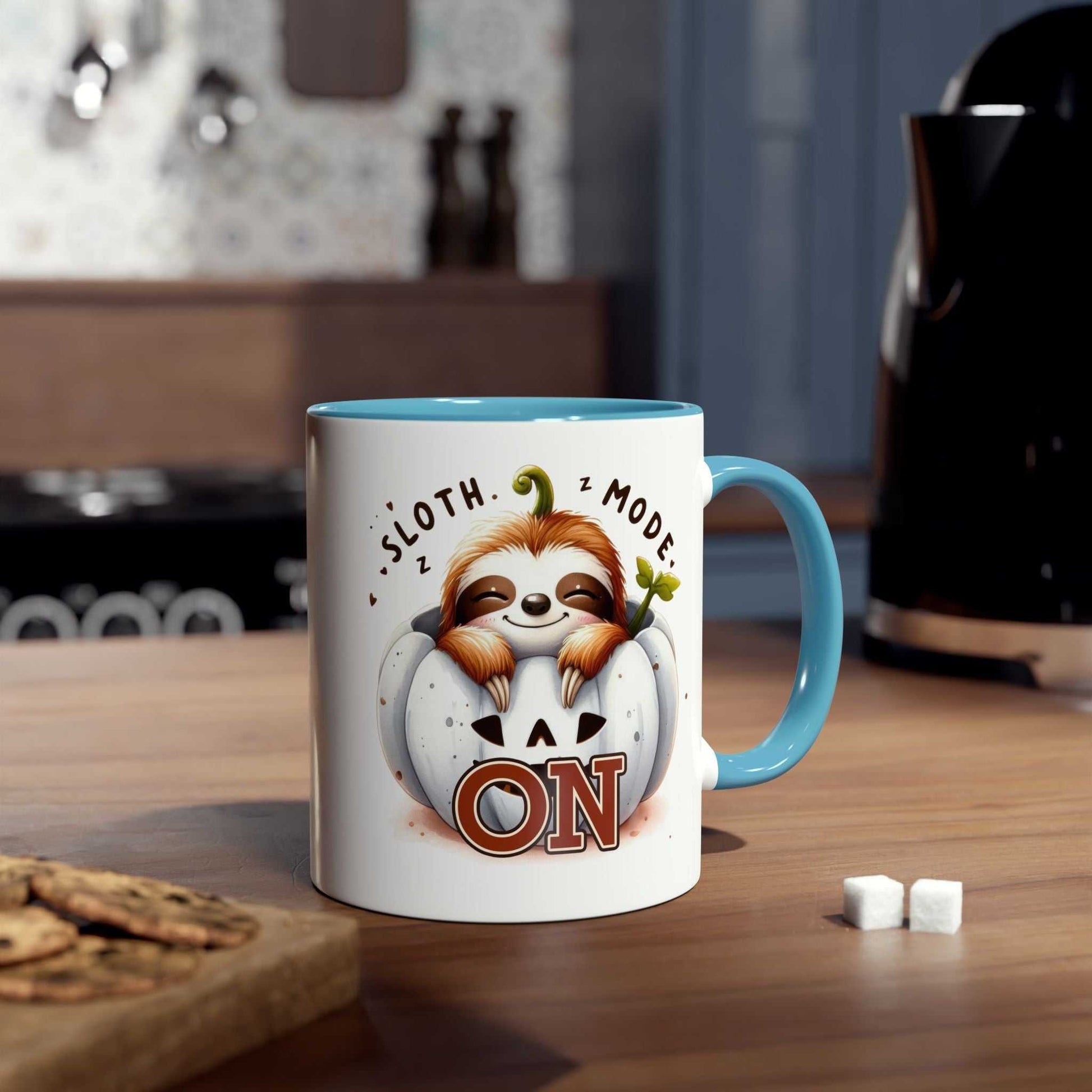 Cute sloth coffee mug with cozy design in kitchen setting, whimsical gift idea.