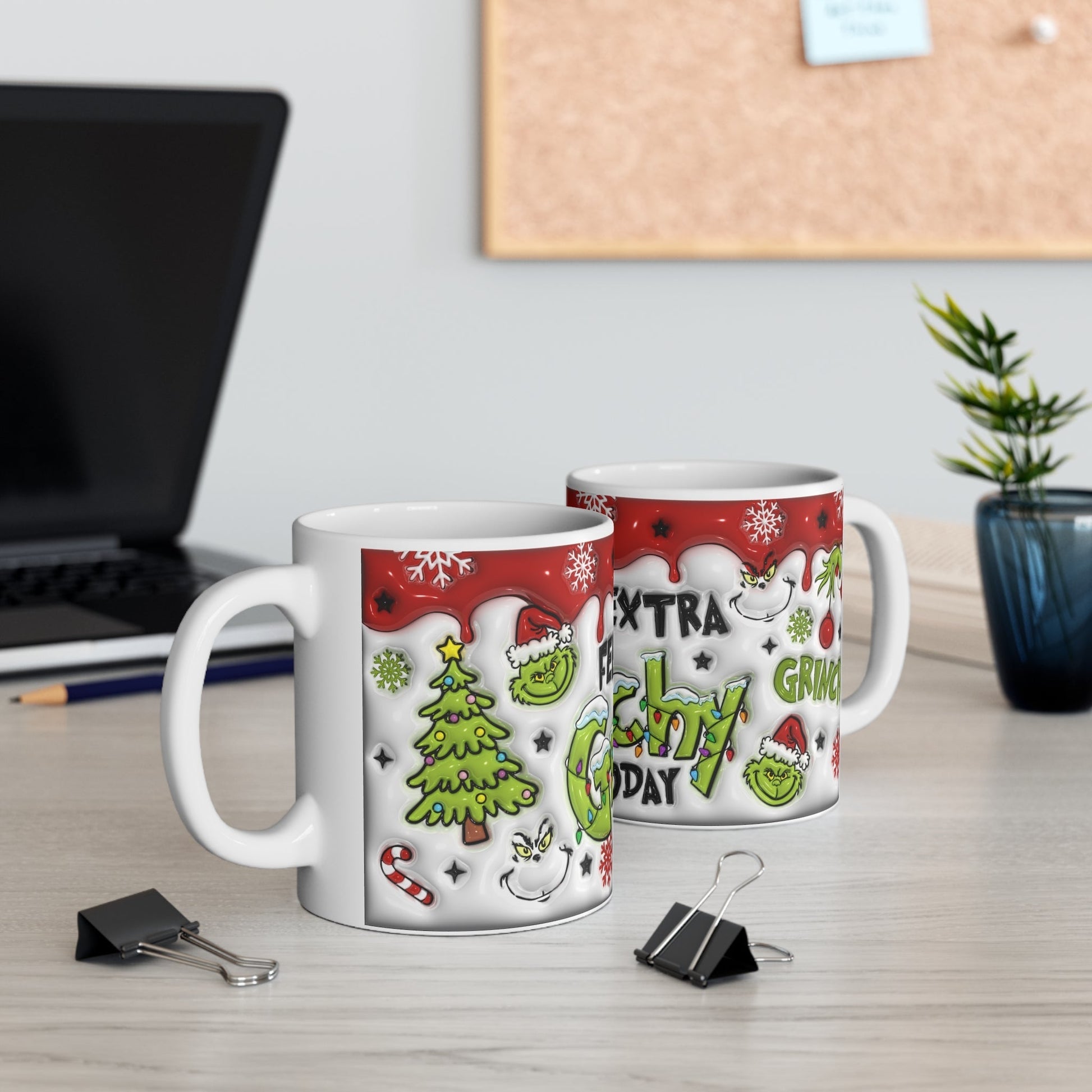 Grinchy Christmas Mug with festive design, 11oz ceramic, sublimation printed, glossy finish.