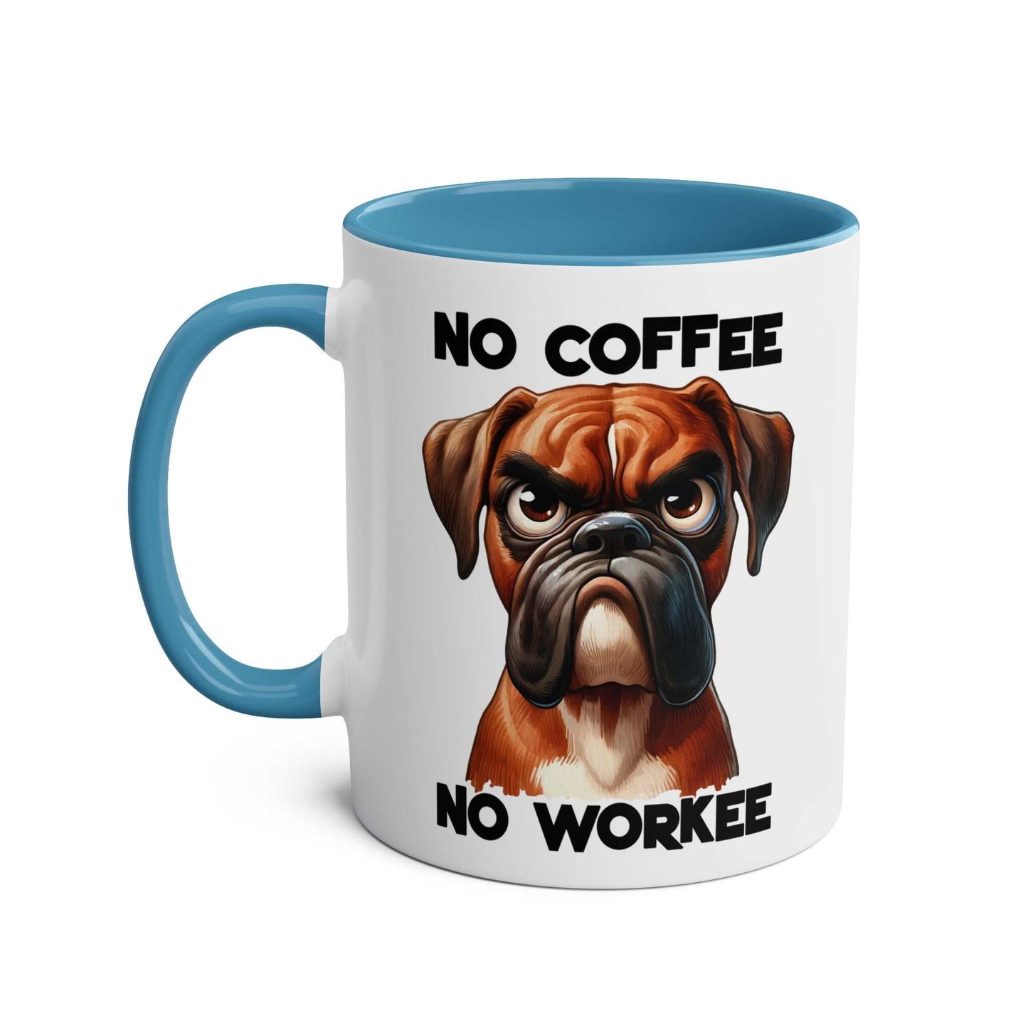 No Coffee No Workee Mug with sarky dog design, ceramic, 11oz, blue handle, glossy finish.