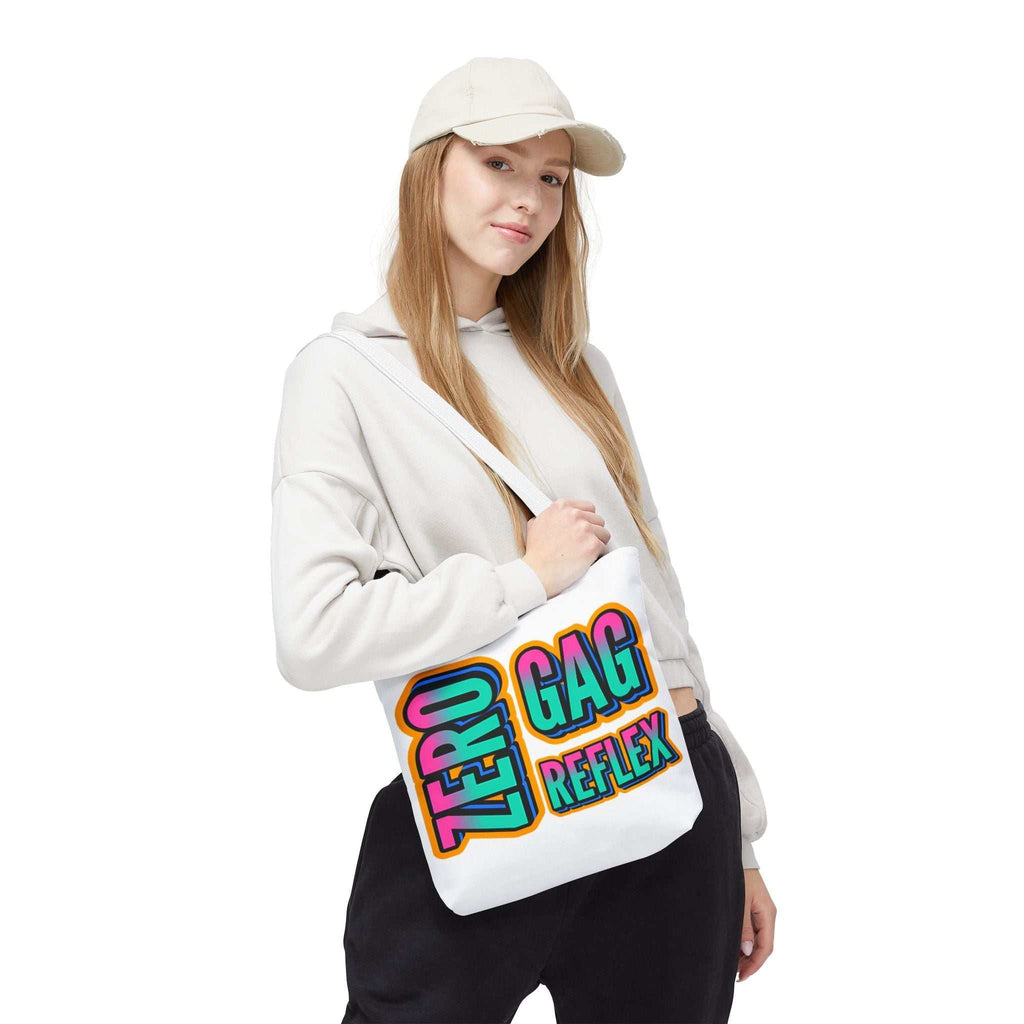 Zero Gag Reflex Tote Bag with cheeky printed design, available in three sizes and multiple handle colors, made from durable spun polyester.