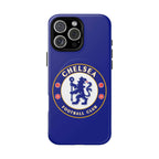 Chelsea FC MagSafe iPhone case with royal blue color and club crest, dual-layer protective design compatible with MagSafe charging