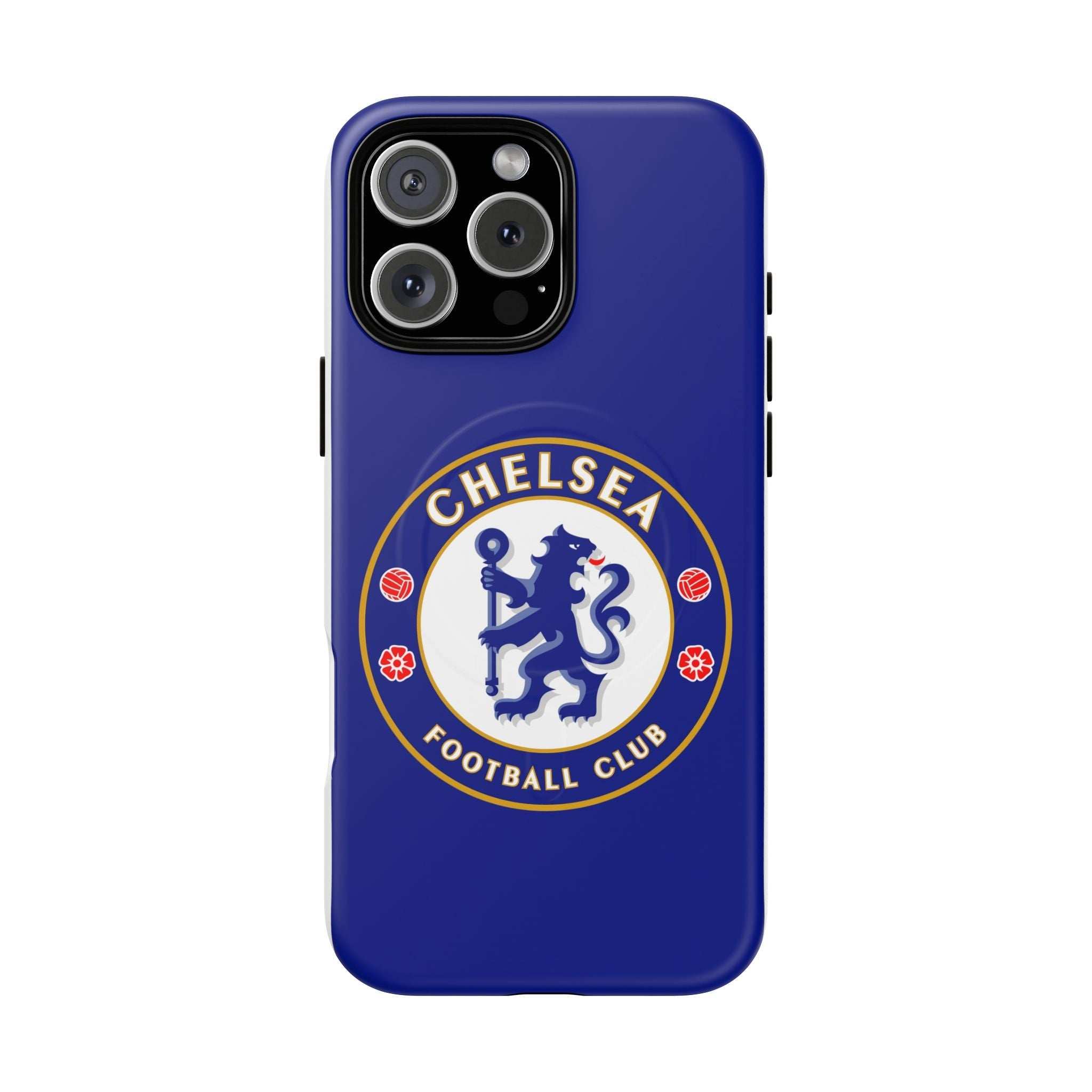 Chelsea FC MagSafe iPhone case with royal blue color and club crest, dual-layer protective design compatible with MagSafe charging