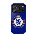 Chelsea FC MagSafe iPhone case with royal blue color and official-inspired crest, dual-layer protection and wireless charging compatible