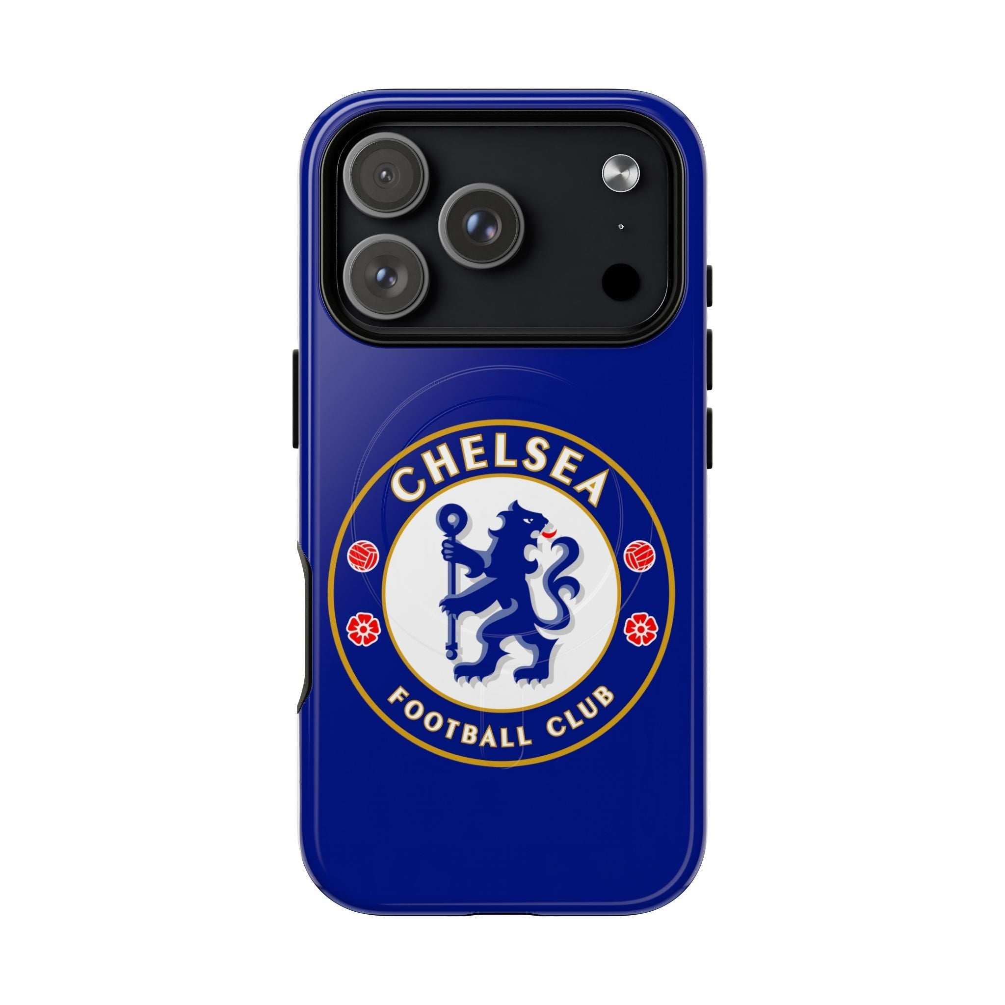 Chelsea FC MagSafe iPhone case with royal blue color and official-inspired crest, dual-layer protection and wireless charging compatible
