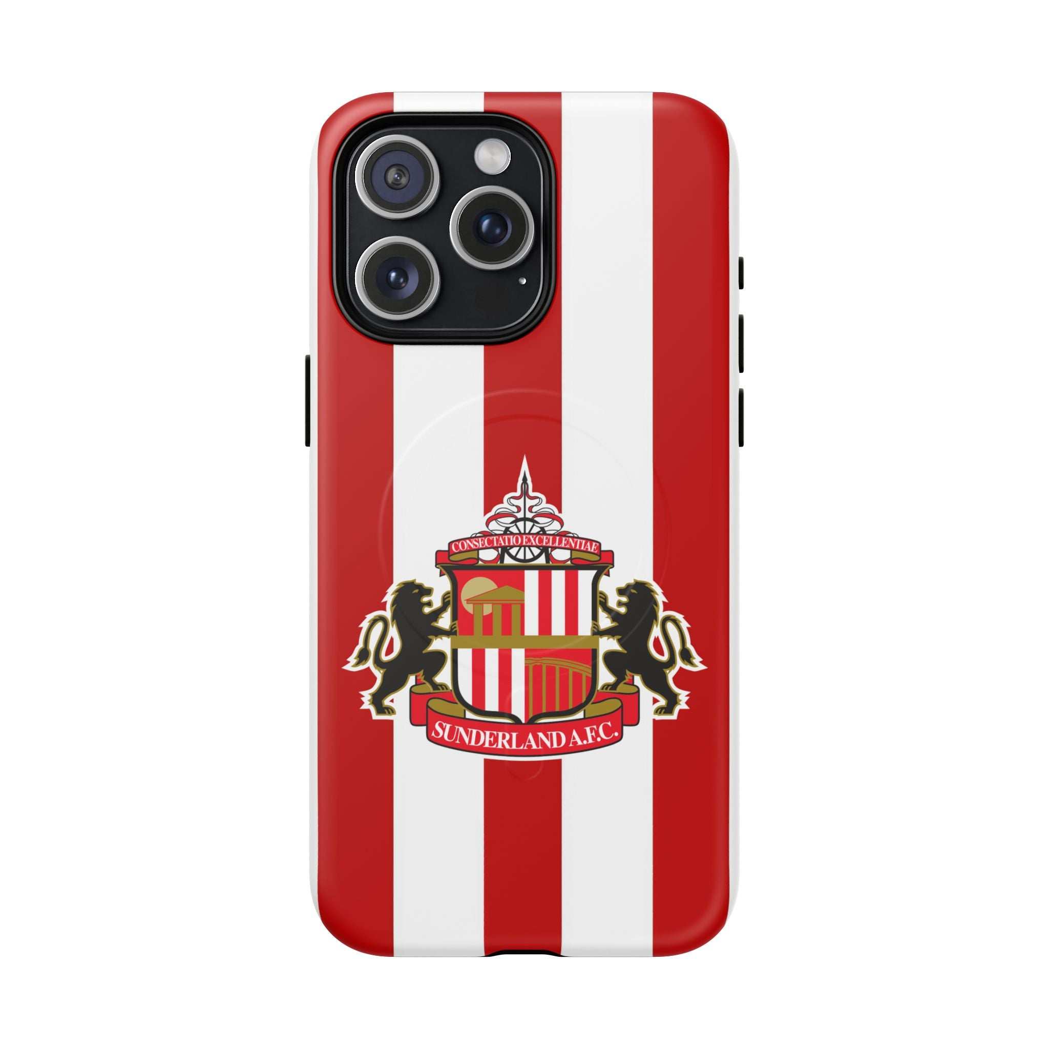 Sunderland FC MagSafe iPhone case with red and white colors, dual-layer protection, and club-inspired crest