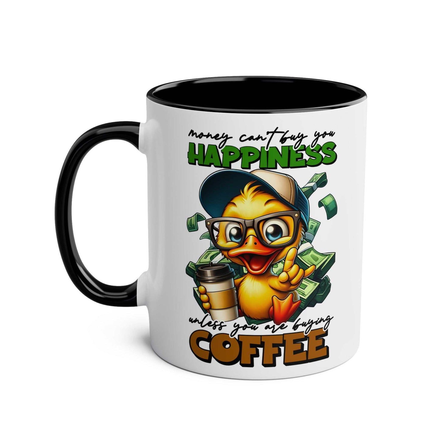 Cheerful duck illustration on Happiness Coffee Mug with colorful text, 11oz ceramic, glossy finish.