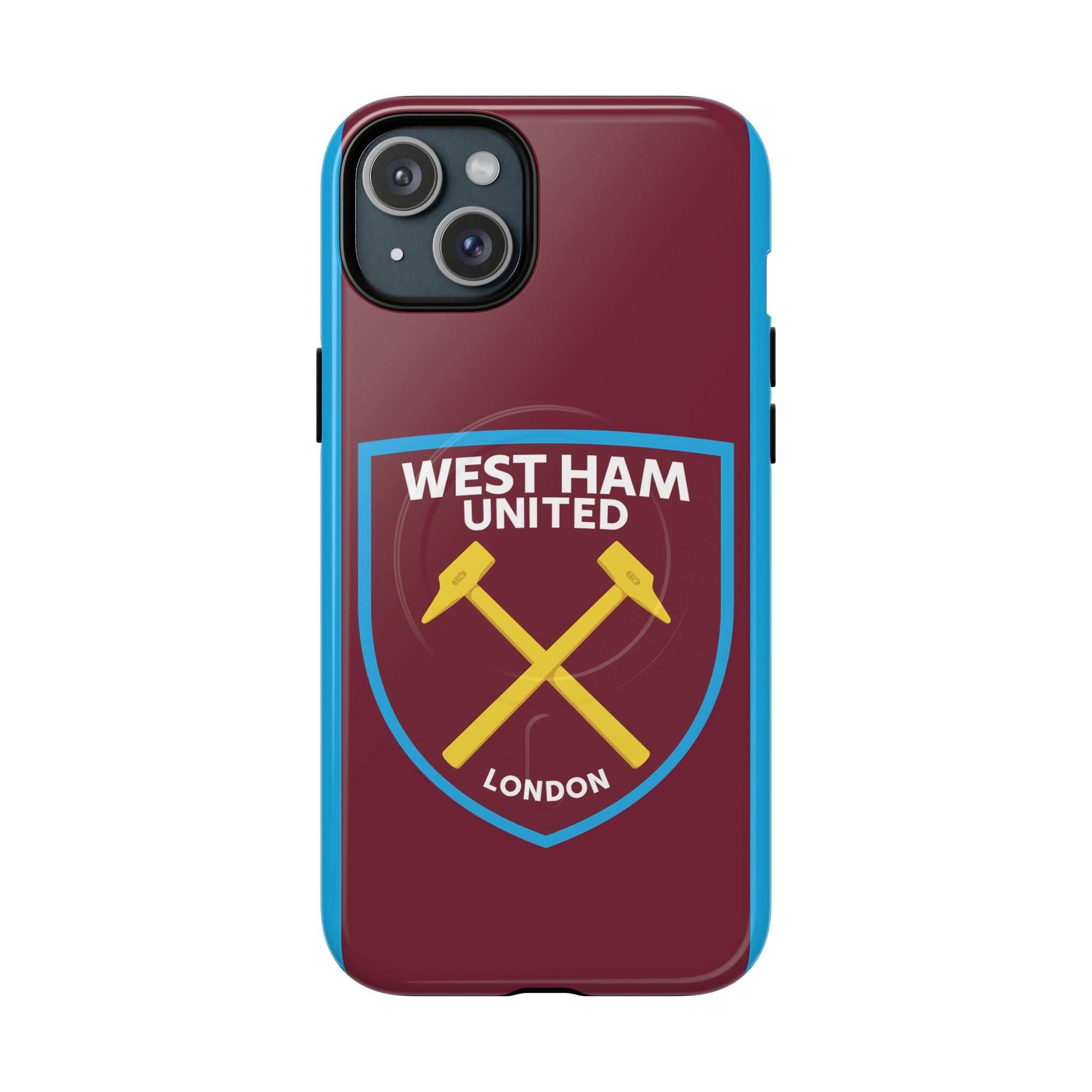 West Ham Utd MagSafe iPhone case with claret and blue colors and official-inspired crest, dual layer protection, and wireless charging compatible