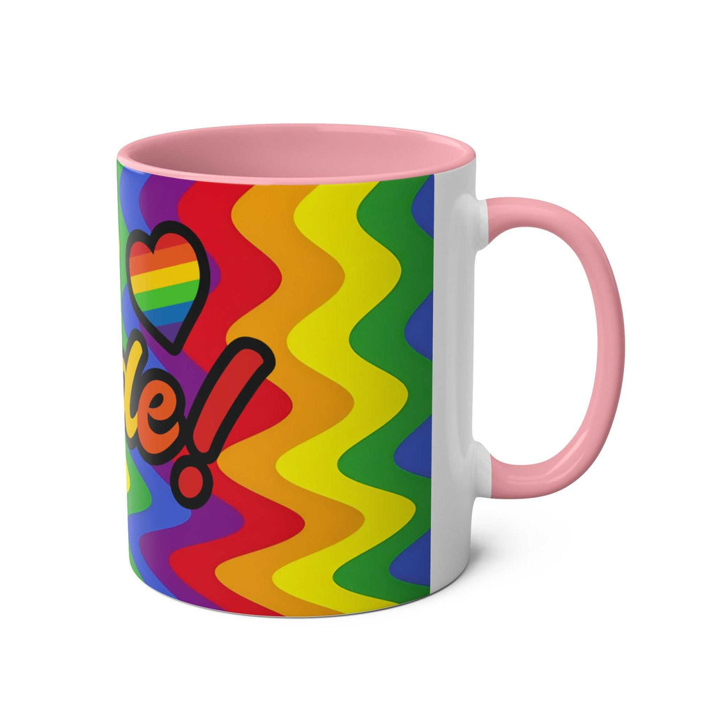 LGBTQ+ Pride mug with vibrant rainbow design and pink handle, made of high-quality ceramic.