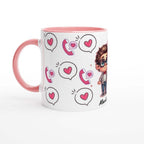 Custom Ceramic Coffee Cup Gift with personalized Valentines design, pink accents, and adorable illustrations.
