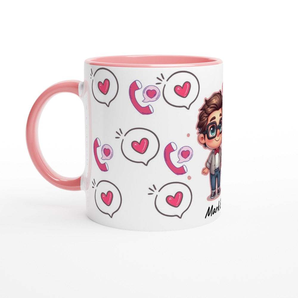 Custom Ceramic Coffee Cup Gift with personalized Valentines design, pink accents, and adorable illustrations.