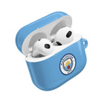 Manchester City FC AirPods protective case in sky blue with club crest, shock-resistant and wireless charging compatible