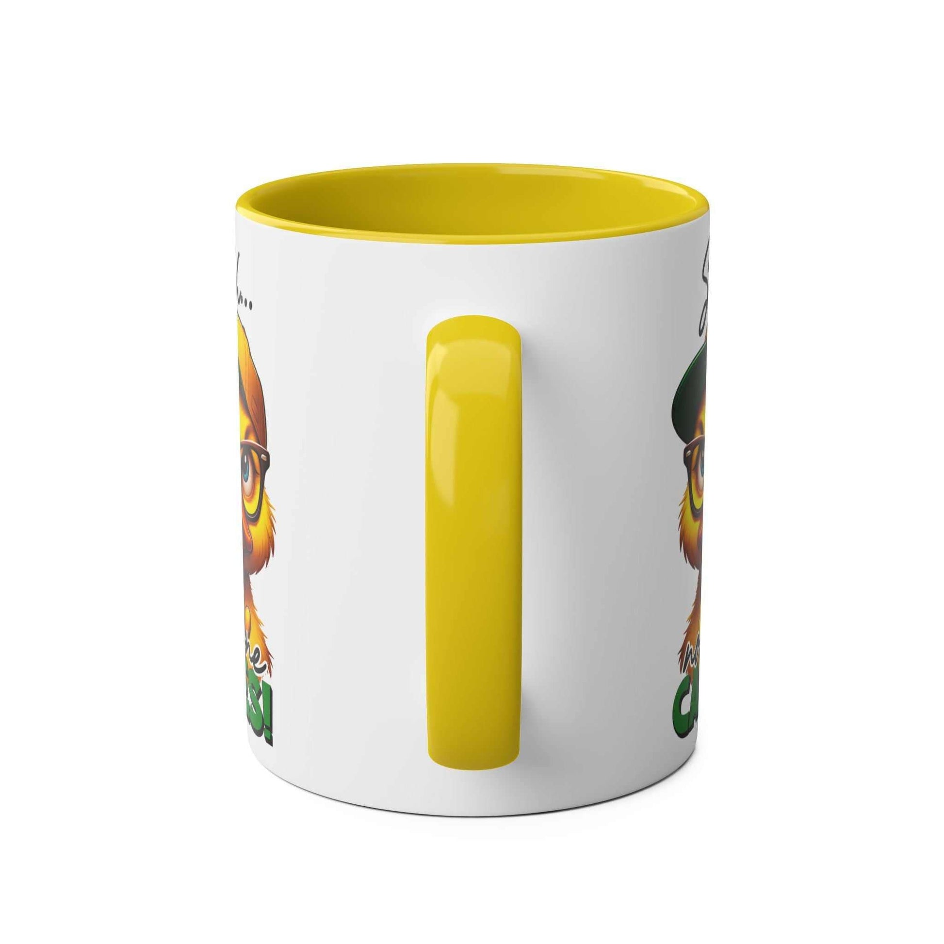 No One Cares Coffee Mug with sarky duck design and yellow handle, 11oz ceramic.