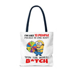 Funny Minion tote bag with cheeky design and multiple size and handle color options