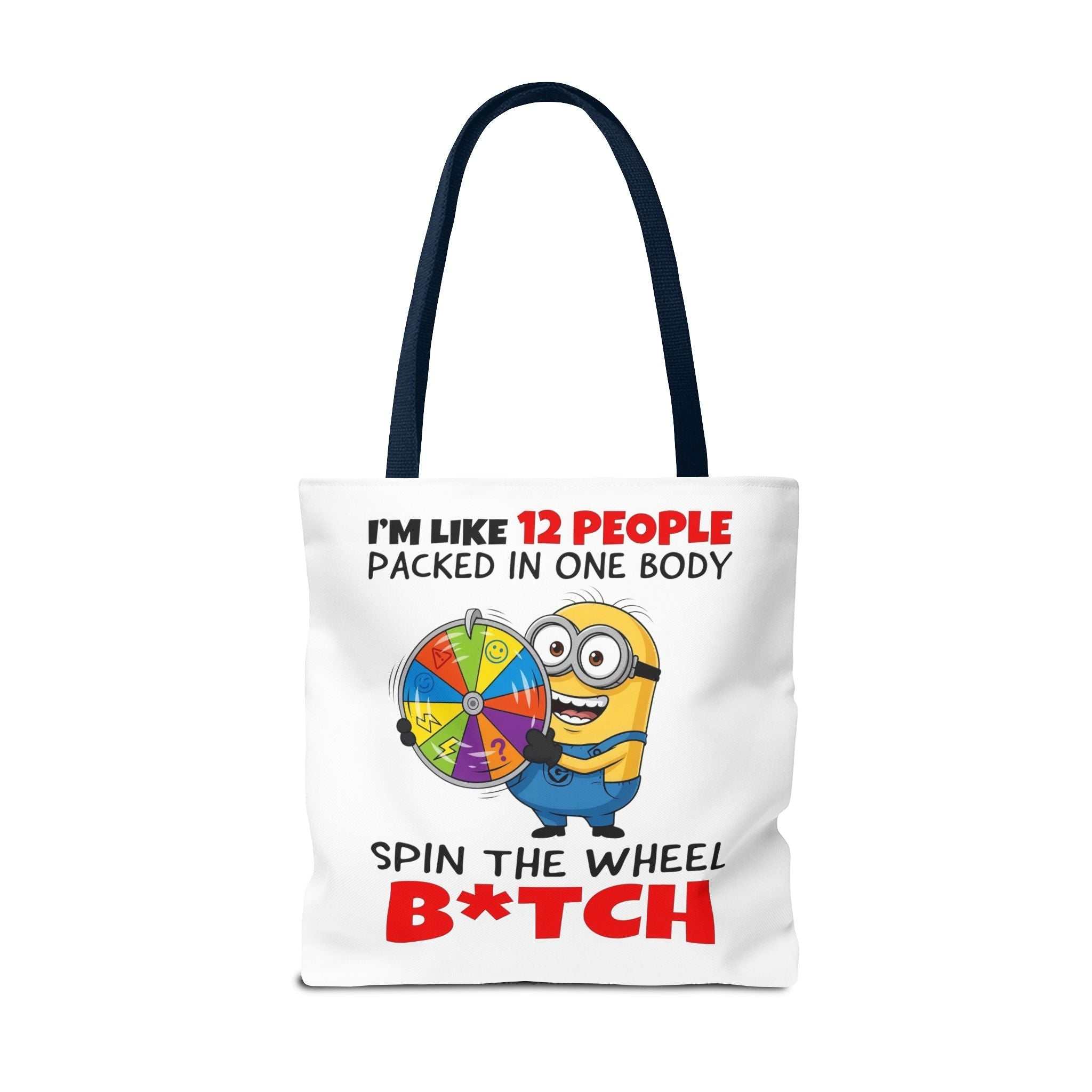 Funny Minion tote bag with cheeky design and multiple size and handle color options