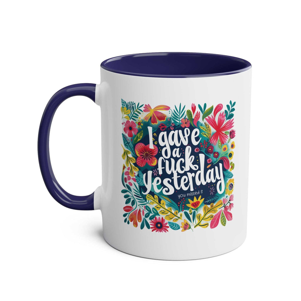 I Gave a Fuck Coffee Mug with floral design and humorous text, ceramic, 11oz, available in 7 colors, sublimation printed, glossy finish.