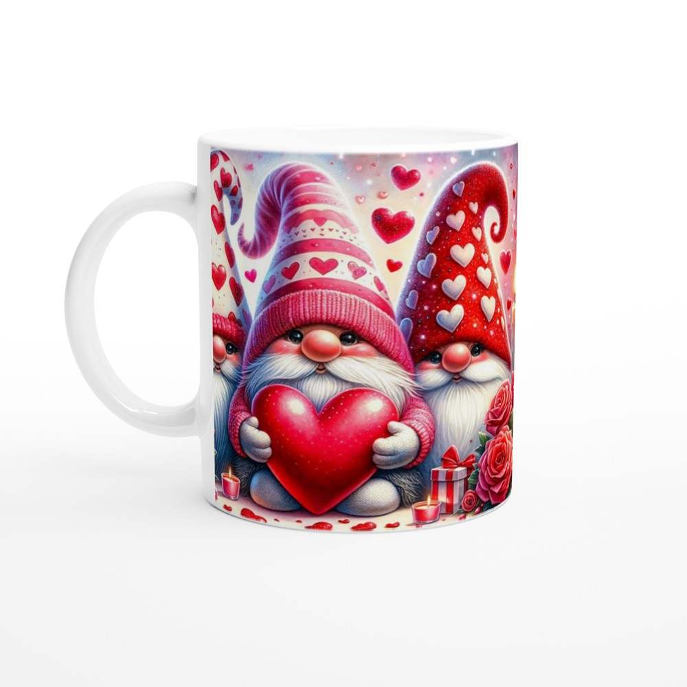 Cute Gnome Valentines Day Mug with heart design, perfect sweet coffee cup gift.