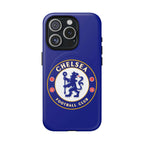 Chelsea FC MagSafe iPhone case with royal blue colors and official-inspired crest, dual-layer protective design, and wireless charging compatibility