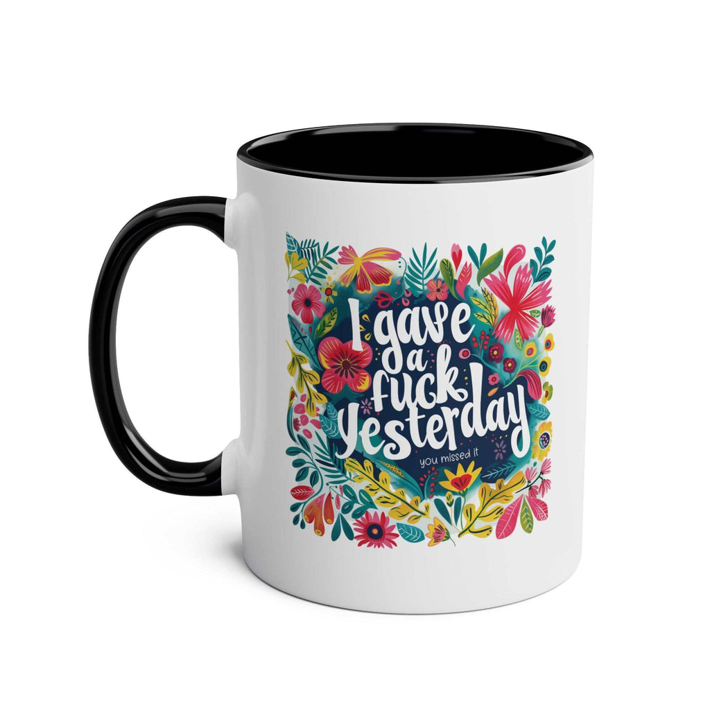 I Gave a Fuck Coffee Mug with floral design and humorous phrase.