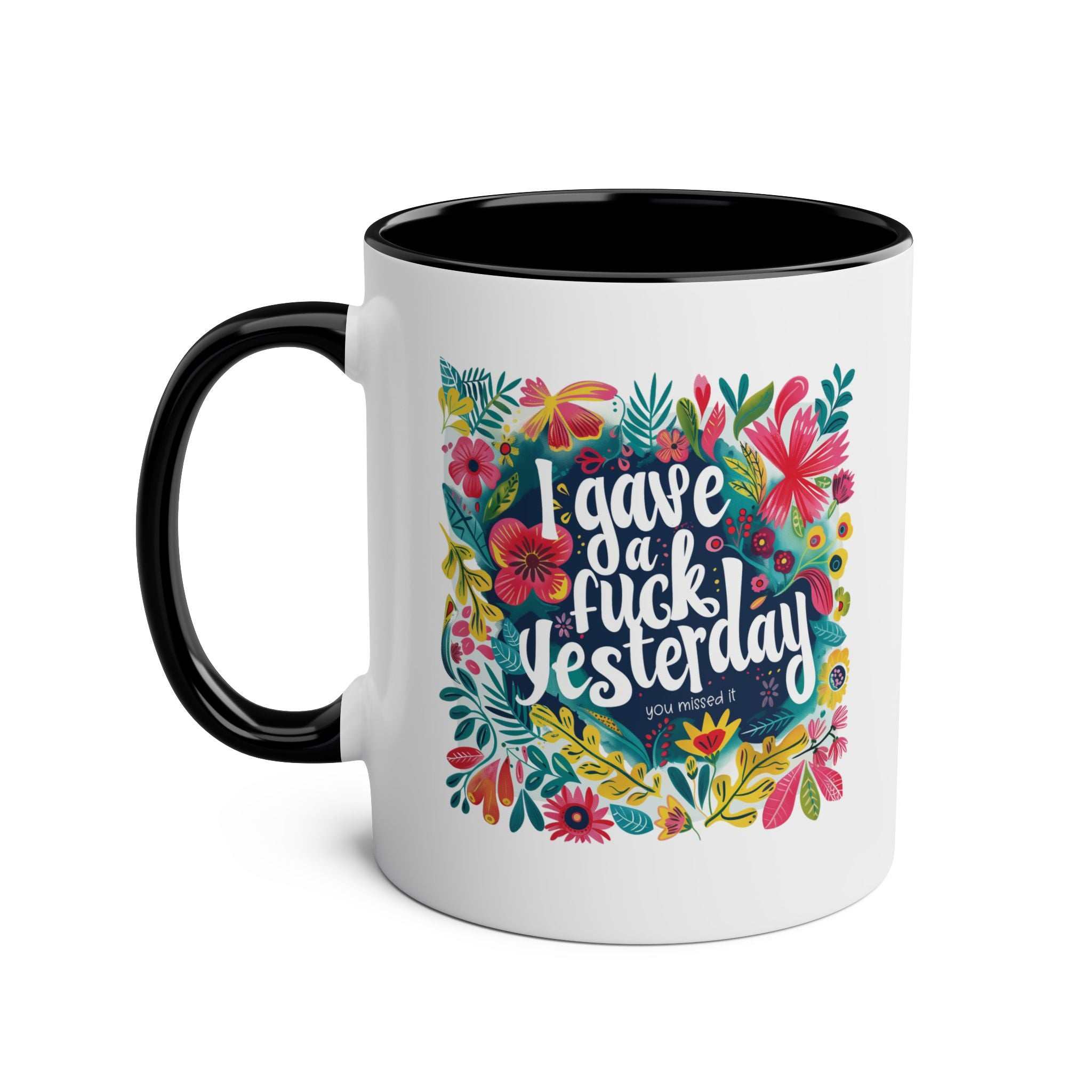 I Gave a Fuck Coffee Mug with floral design and humorous phrase.