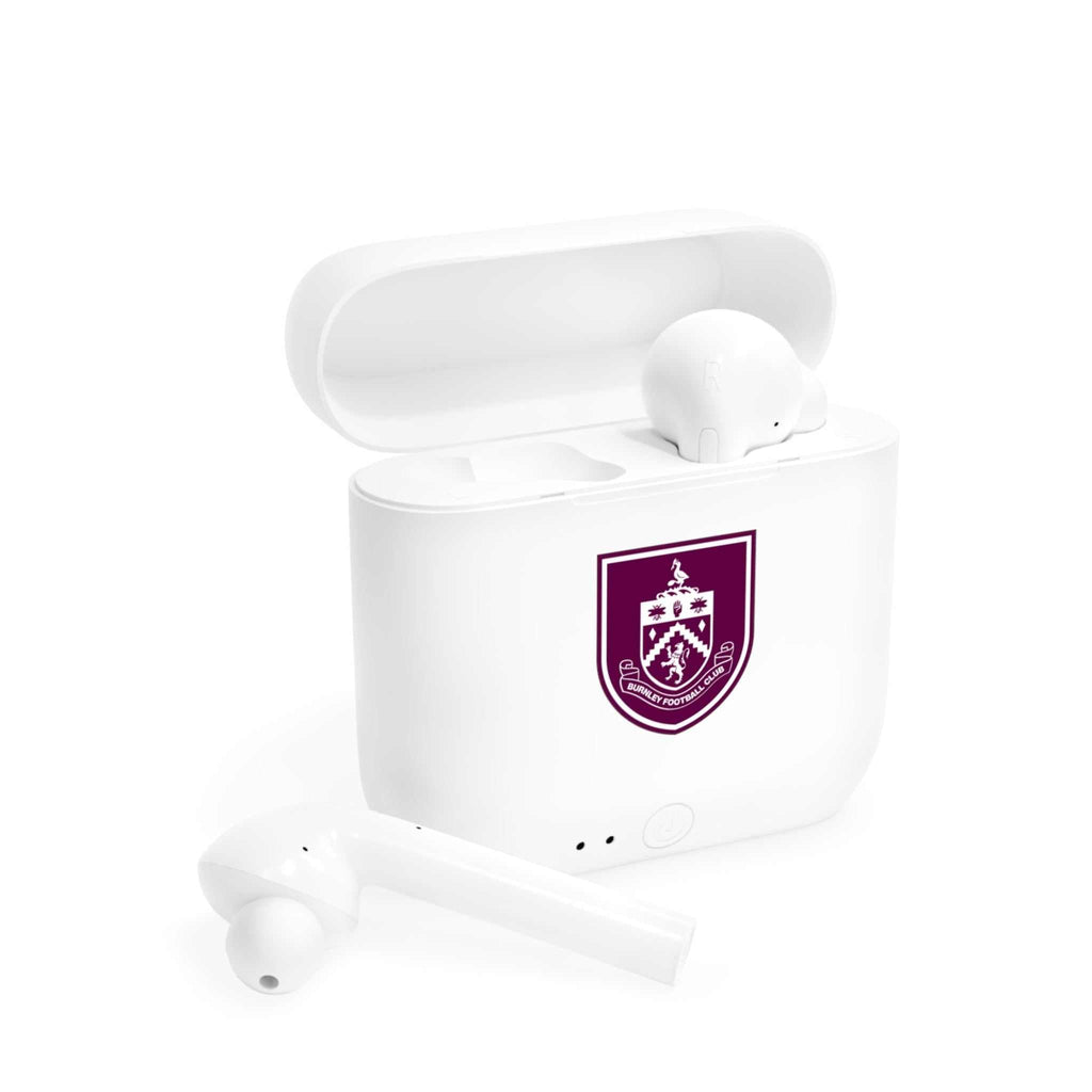 White Burnley Fc wireless earbuds with charging case featuring fan-inspired club crest design