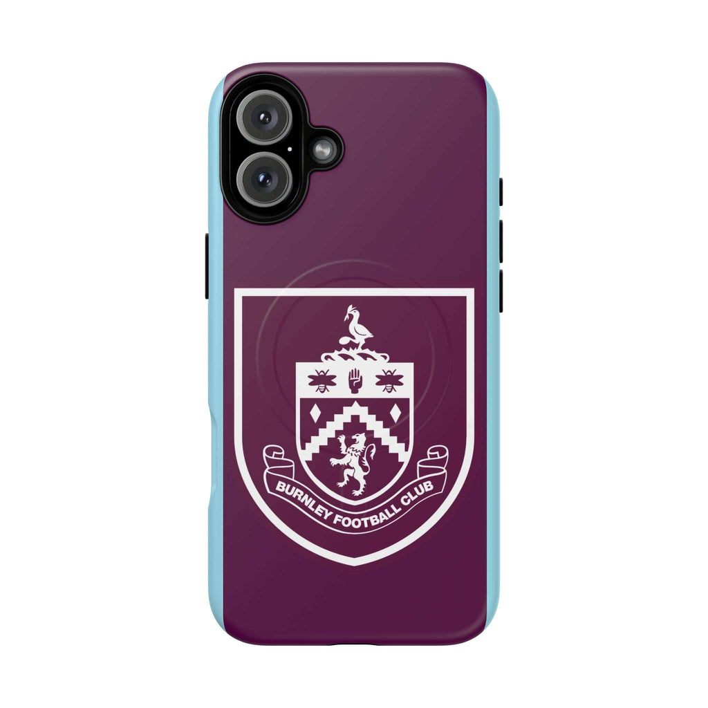 Burnley FC MagSafe iPhone Case with claret and blue colors, official-inspired crest, dual layer protection, and MagSafe compatibility