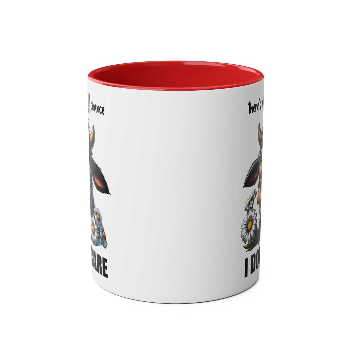 Sarky cow design I Dont Care Coffee Mug with red interior, ceramic, 11oz capacity.