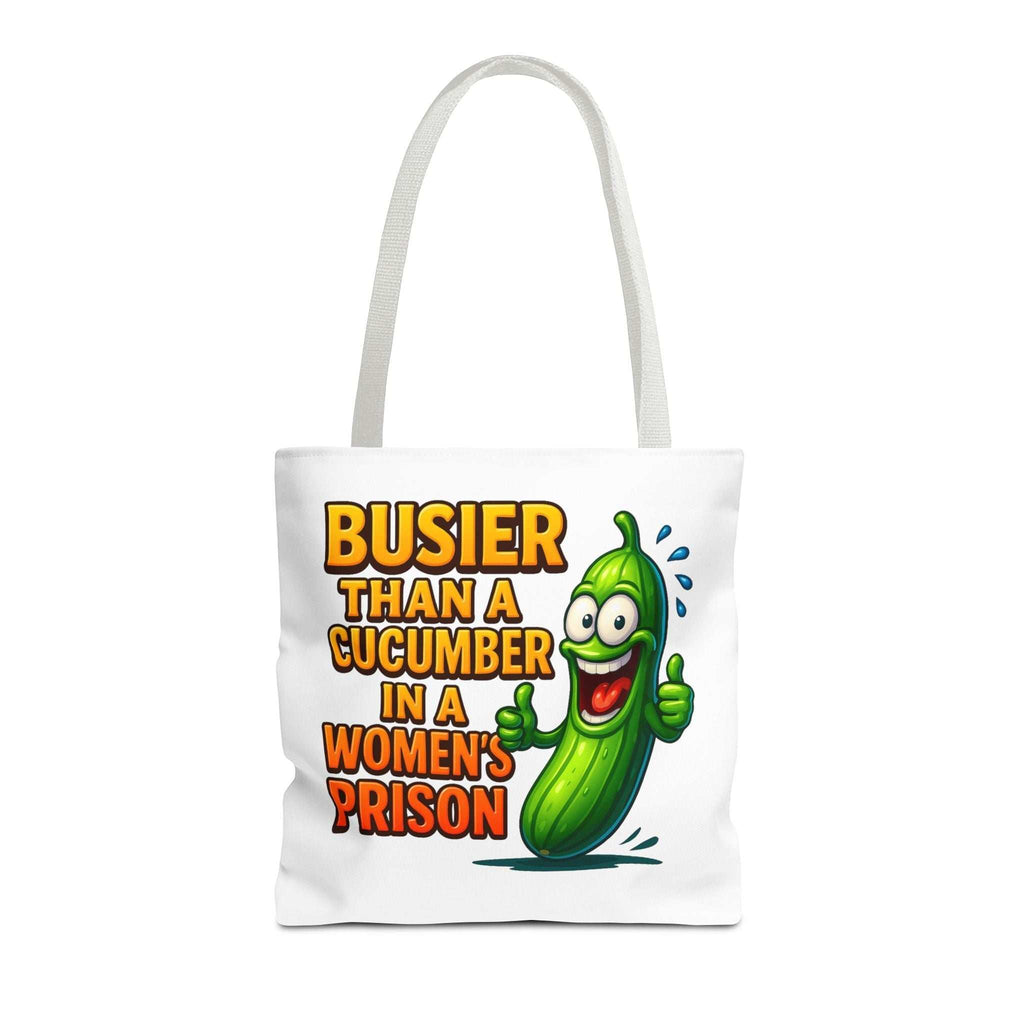 Busier Than a Cucumber Tote Bag with cheeky design, durable spun polyester, and colorful handles for everyday use