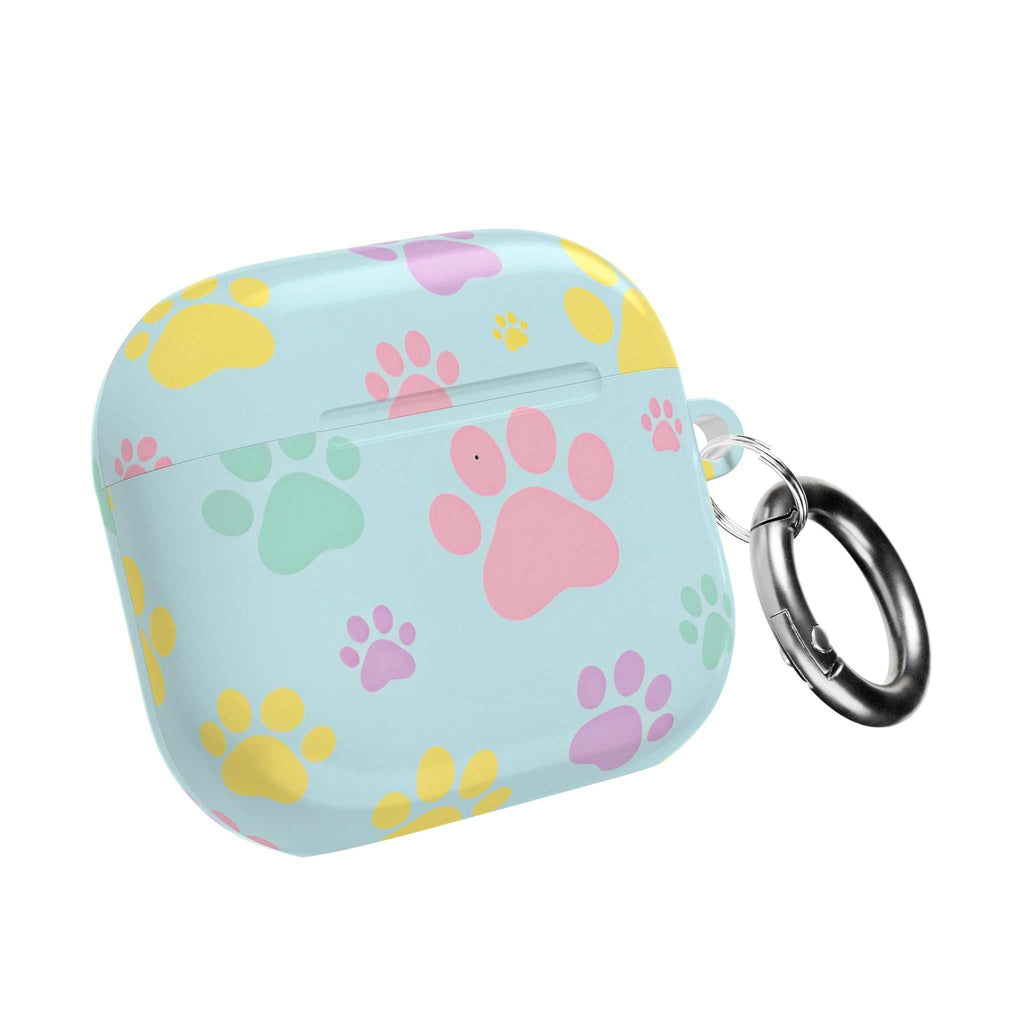 Pastel Doggy Paw AirPods protective case with colorful paw prints and keyring accessory
