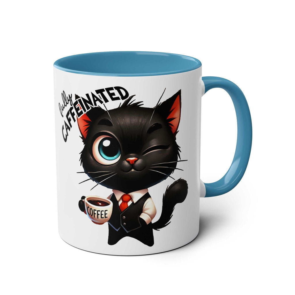 Fun Sarcastic Coffee Mug with winking cat design, glossy finish, 11oz ceramic, blue handle.