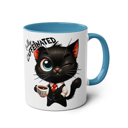 Fun Sarcastic Coffee Mug with winking cat design, glossy finish, 11oz ceramic, blue handle.