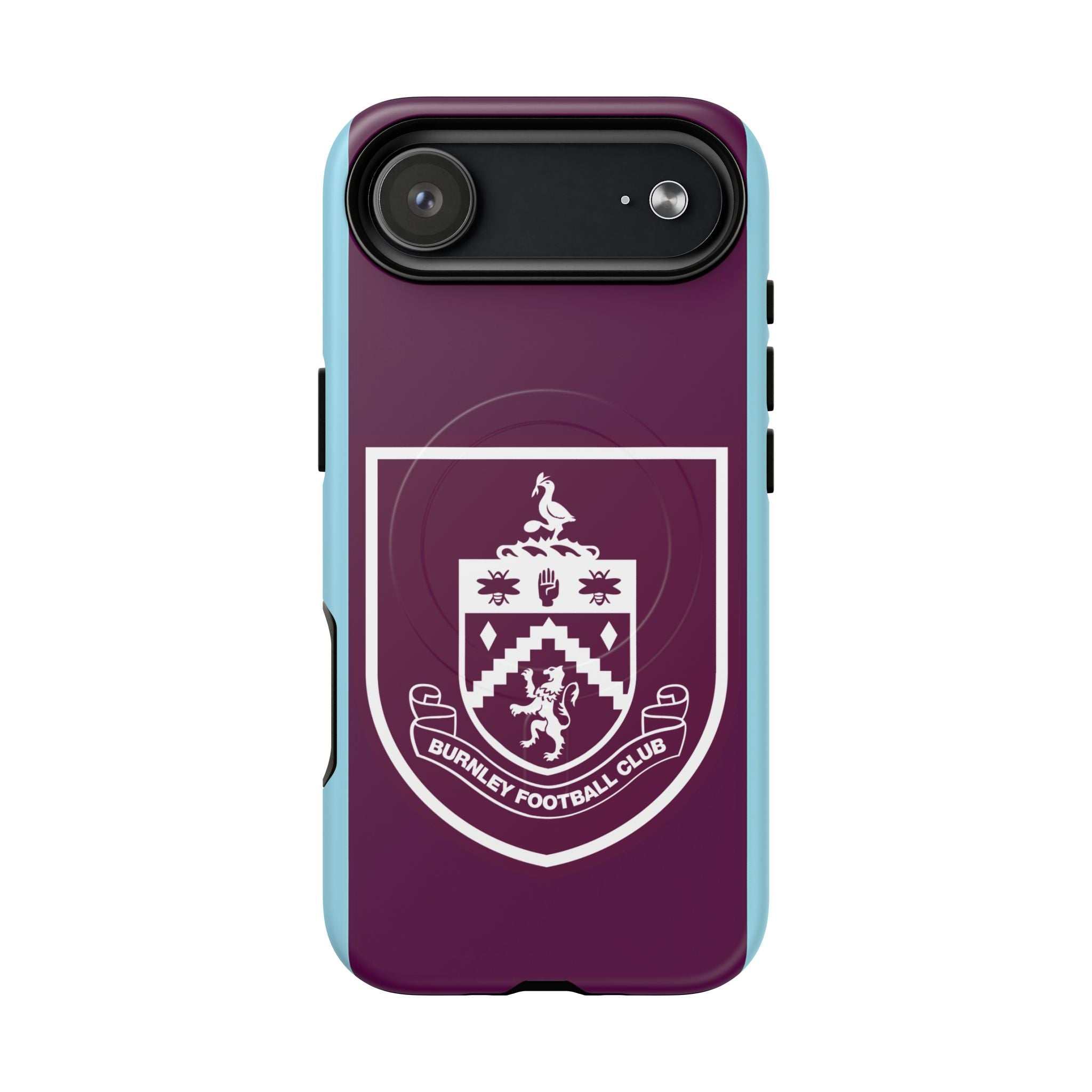 Burnley FC MagSafe iPhone case with claret and blue colors and club crest, dual-layer protection, and wireless charging compatible
