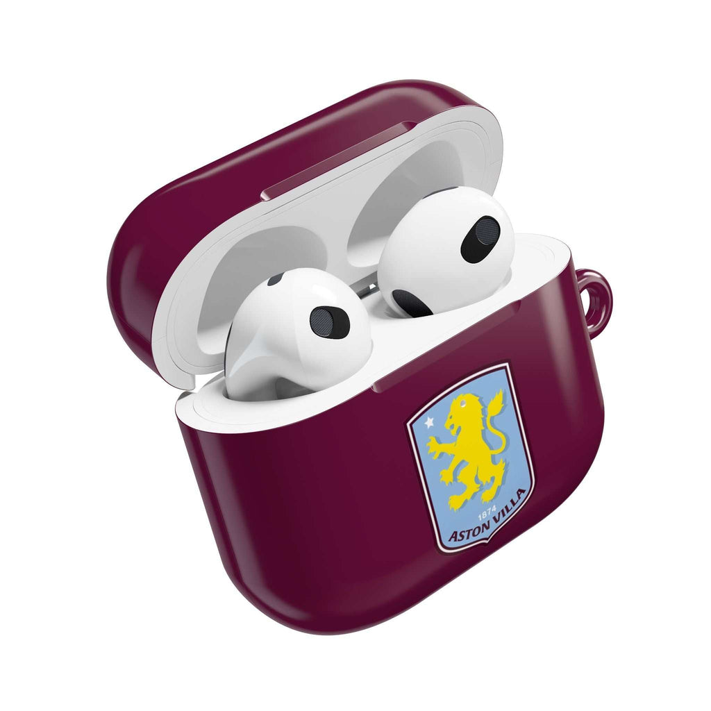 Aston Villa FC AirPods protective case in claret and blue with team crest, durable and wireless charging compatible