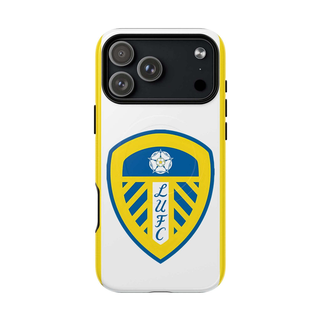 Leeds Utd MagSafe iPhone case with white background and official-inspired team crest, durable dual-layer protection and MagSafe compatibility
