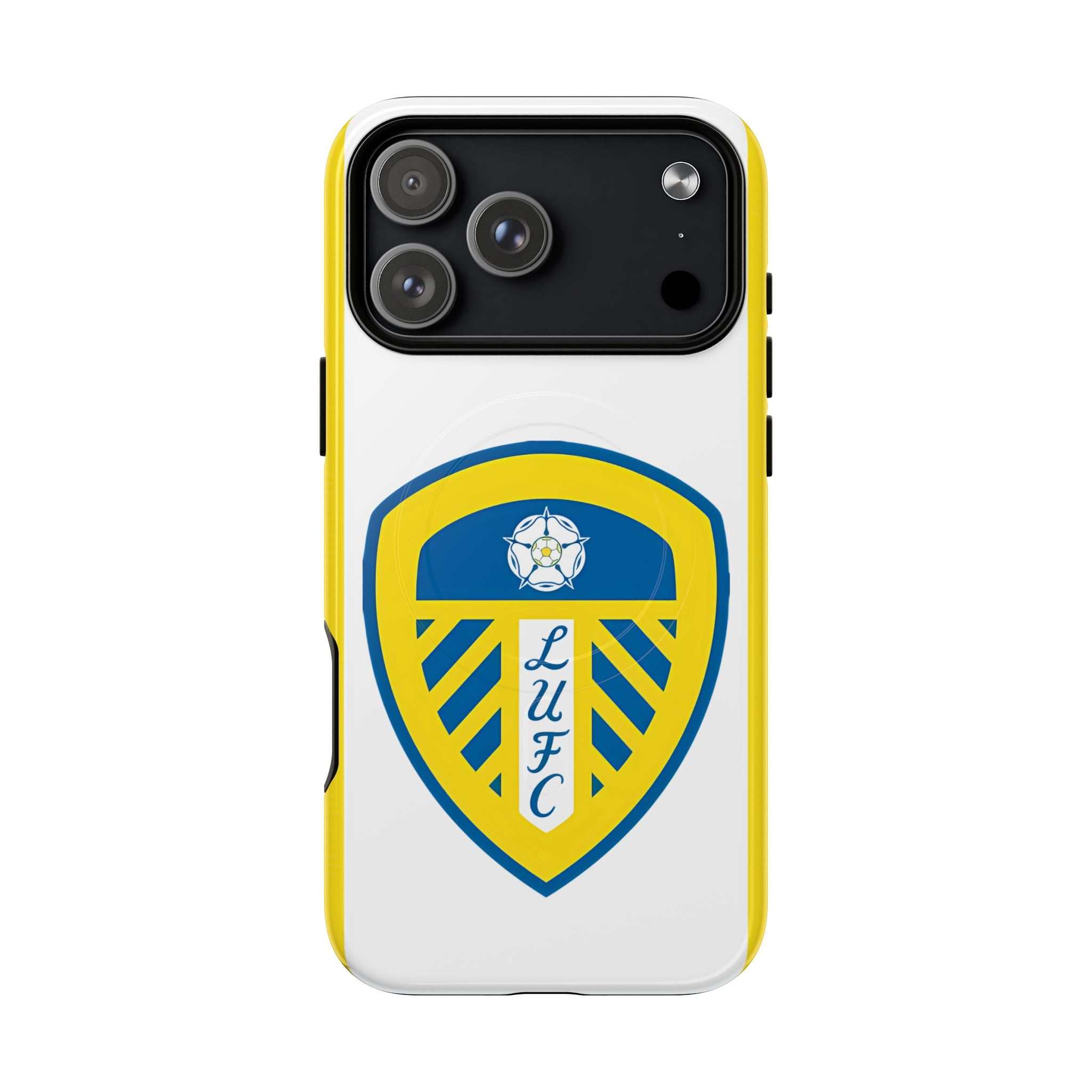 Leeds Utd MagSafe iPhone case with white background and official-inspired team crest, durable dual-layer protection and MagSafe compatibility