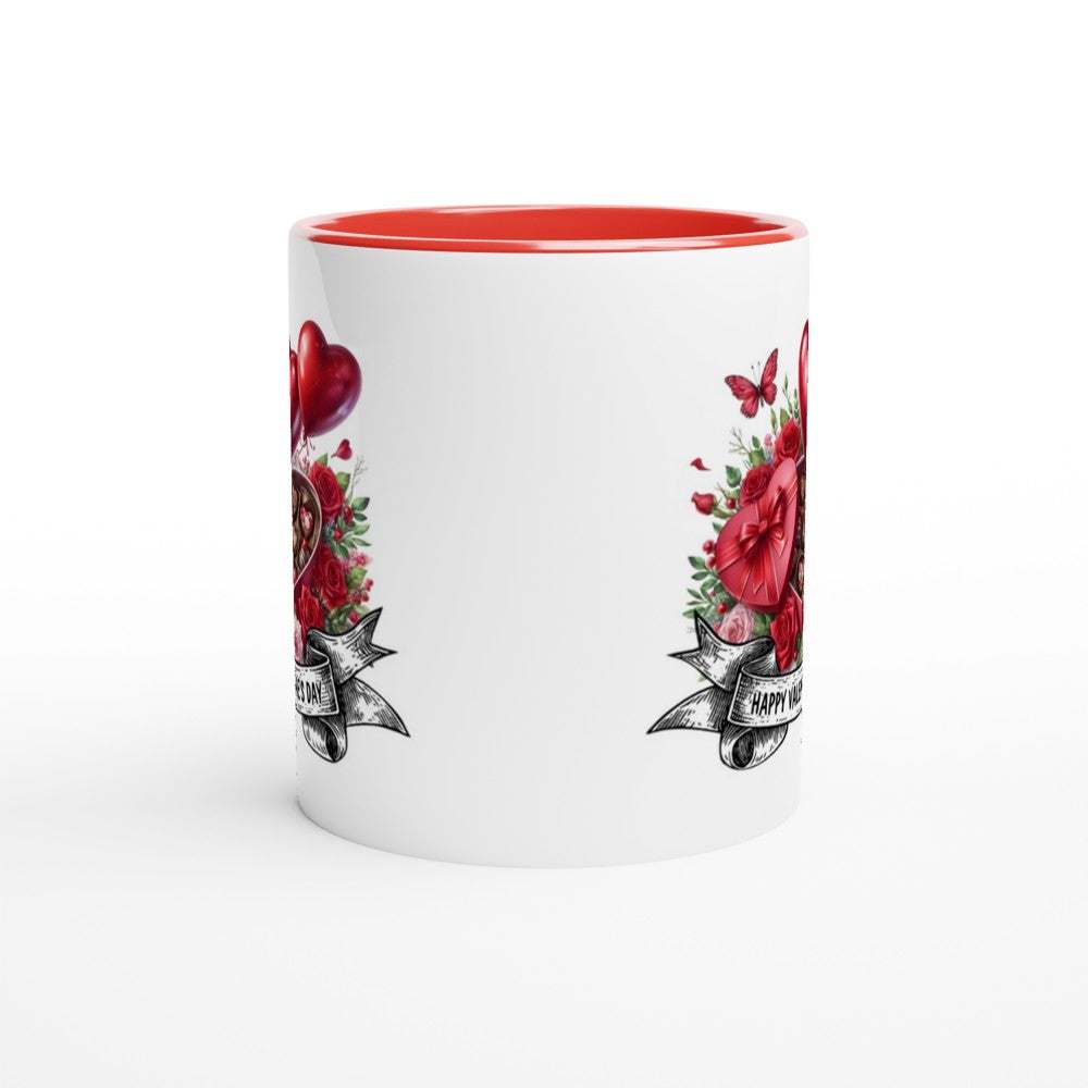 Gorgeous Valentine's Mug with colorful heart design and red interior.