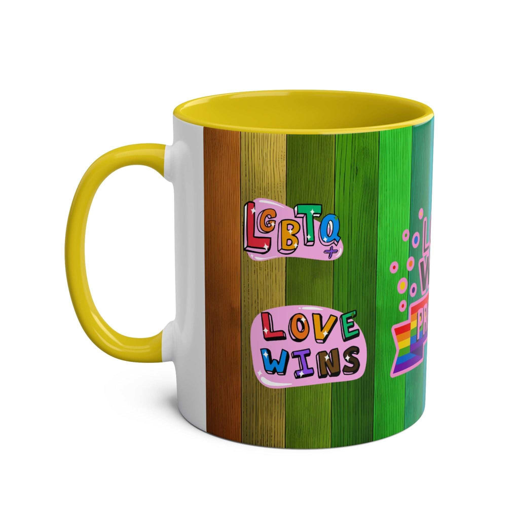 LGBTQ+ Pride Mug with vibrant rainbow design and "Love Wins" message.