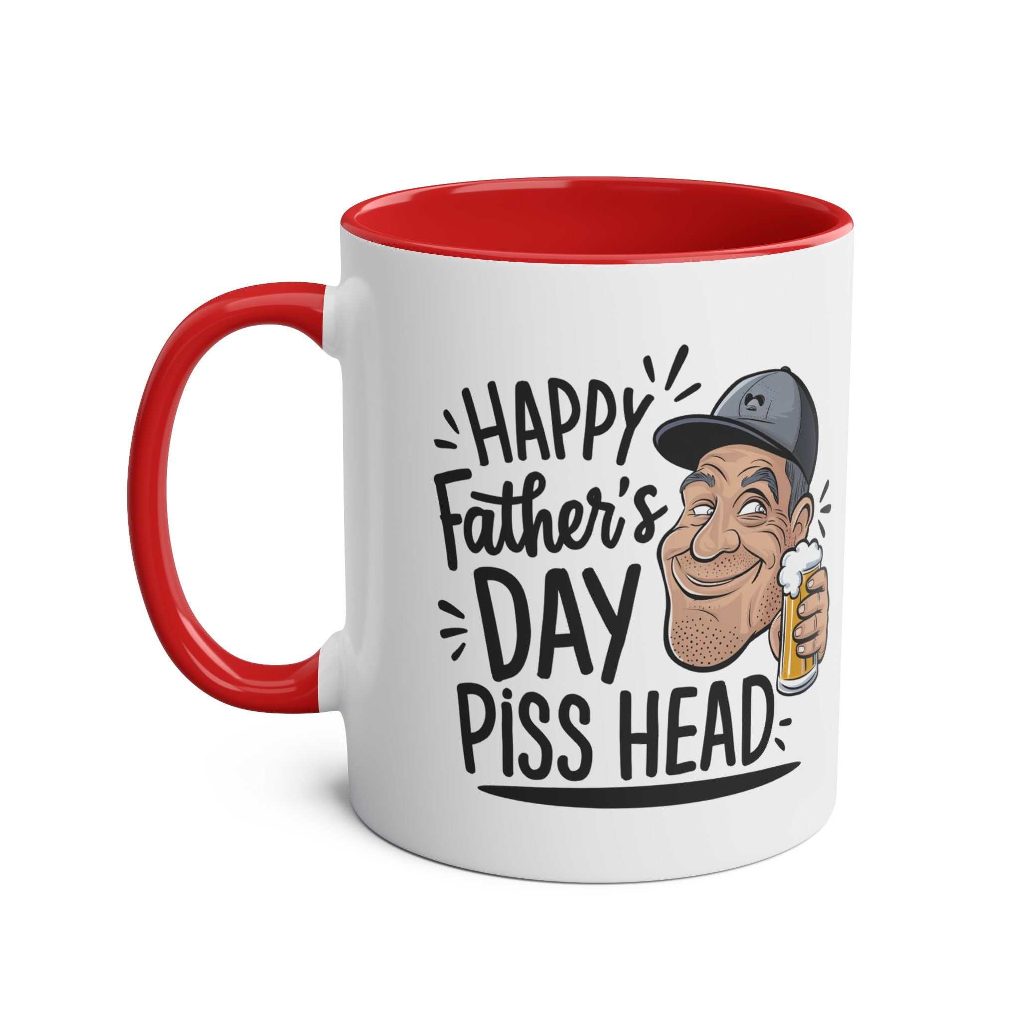 Fun Father's Day gift mug with humorous graphic and red interior, perfect for dads.