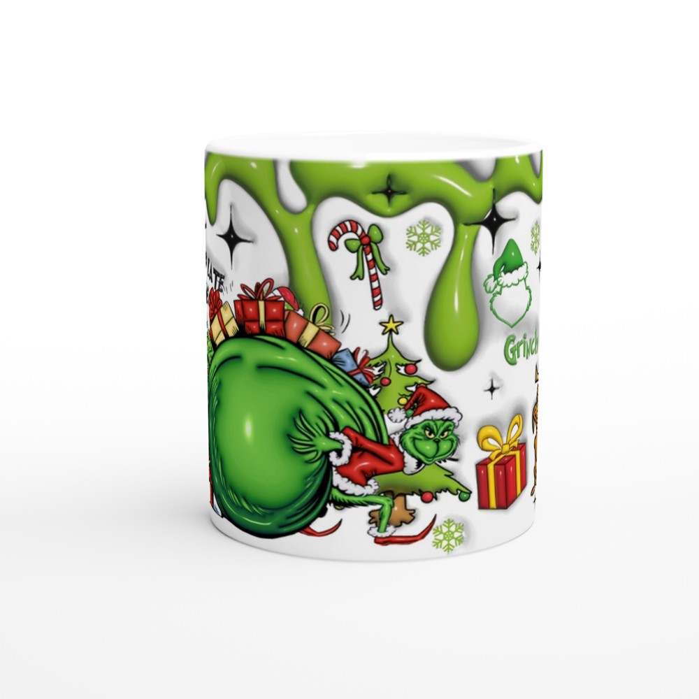 Fun Grinch Christmas Mug with festive design, 11oz ceramic, microwave and dishwasher safe.