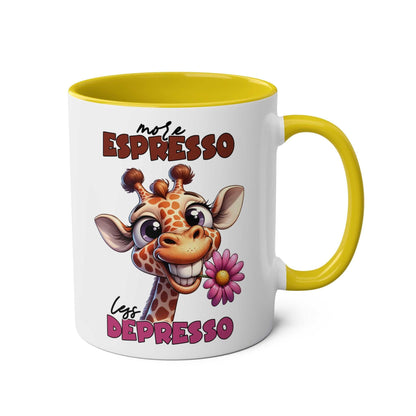 Giraffe-themed More Expresso Coffee Mug with yellow interior and handle, featuring "More Expresso Less Depresso" text.