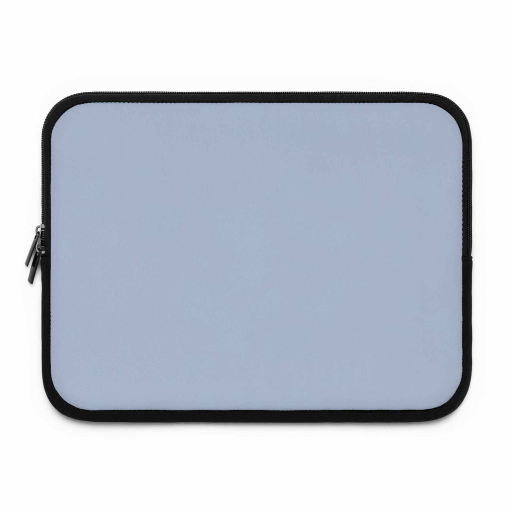 Misty blue neoprene laptop sleeve with black trim and dual zipper, lightweight, waterproof, and cushioned for protection.